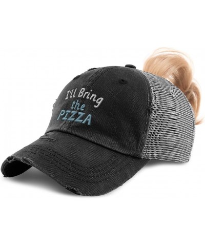 Womens Ponytail Cap I'll Bring The Pizza Cotton Distressed Trucker Hats Black Grey $15.36 Baseball Caps