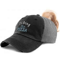 Womens Ponytail Cap I'll Bring The Pizza Cotton Distressed Trucker Hats Black Grey $15.36 Baseball Caps