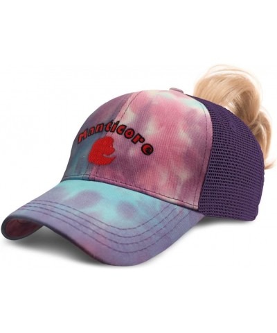 Womens Ponytail Cap Manticore Mythical Creatures Creature Cotton Fairy Distressed Trucker Hat Tie Dye Purple Design Only $15....