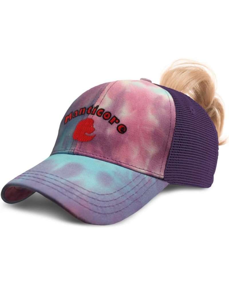 Womens Ponytail Cap Manticore Mythical Creatures Creature Cotton Fairy Distressed Trucker Hat Tie Dye Purple Design Only $15....