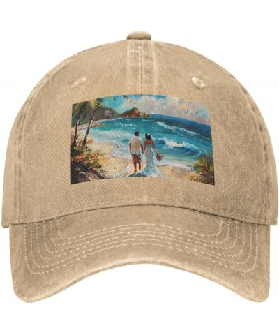 Romantic Beach Print Washed Cowboy Baseball Cap for Adults Adjustable Caps Fashion Cap A Sun Hat Natural $11.59 Baseball Caps