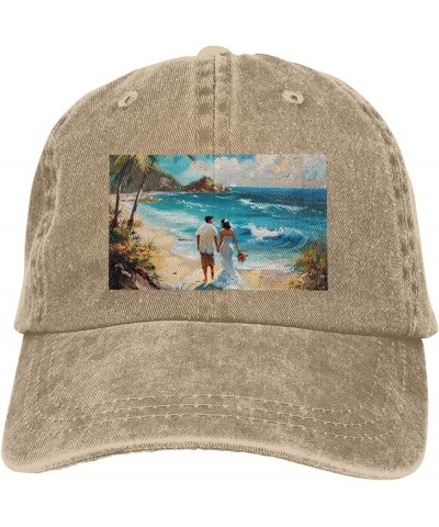 Romantic Beach Print Washed Cowboy Baseball Cap for Adults Adjustable Caps Fashion Cap A Sun Hat Natural $11.59 Baseball Caps