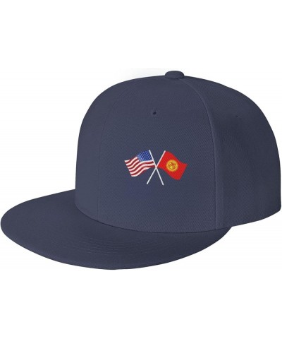 American and Kyrgyzstan Flag Flat Brim Cap Unisex Flat Bill Baseball Cap Navy Blue $17.96 Baseball Caps