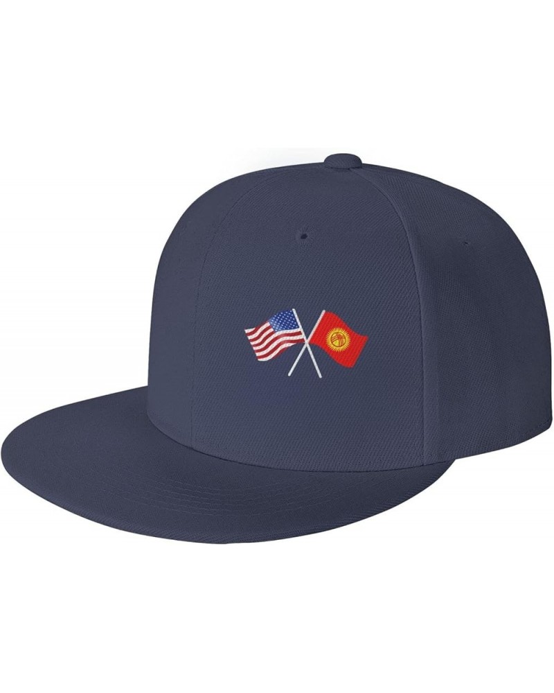 American and Kyrgyzstan Flag Flat Brim Cap Unisex Flat Bill Baseball Cap Navy Blue $17.96 Baseball Caps