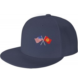 American and Kyrgyzstan Flag Flat Brim Cap Unisex Flat Bill Baseball Cap Navy Blue $17.96 Baseball Caps