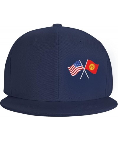 American and Kyrgyzstan Flag Flat Brim Cap Unisex Flat Bill Baseball Cap Navy Blue $17.96 Baseball Caps