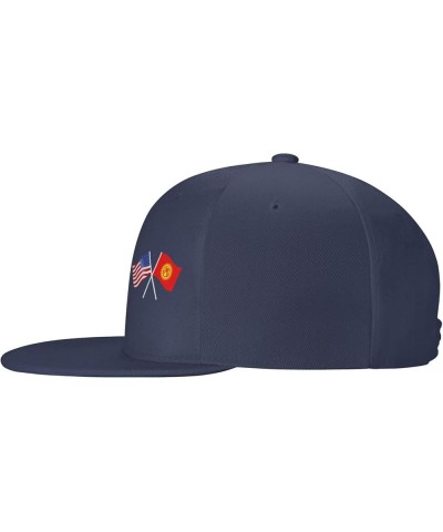 American and Kyrgyzstan Flag Flat Brim Cap Unisex Flat Bill Baseball Cap Navy Blue $17.96 Baseball Caps