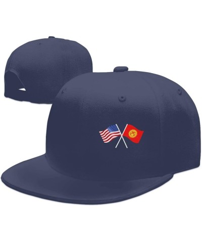 American and Kyrgyzstan Flag Flat Brim Cap Unisex Flat Bill Baseball Cap Navy Blue $17.96 Baseball Caps