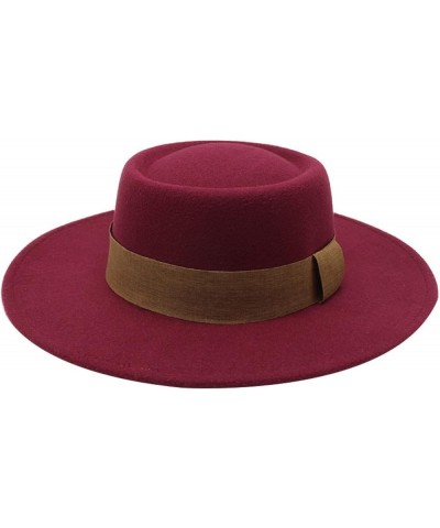 Women Men Fedora Hat Wide Brim Woolen Trilby Hat with Band Panama Hat Ladies Spring Autumn Flat Top Hats Packable Red Wine $1...