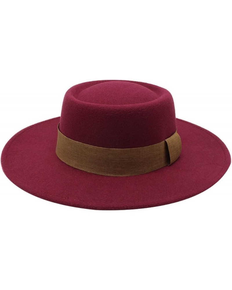 Women Men Fedora Hat Wide Brim Woolen Trilby Hat with Band Panama Hat Ladies Spring Autumn Flat Top Hats Packable Red Wine $1...