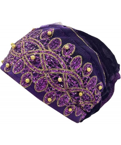 Womens Fashion Cap Lace Sequin Printed Beaded Solid Flat Cap Fade Purple $6.49 Baseball Caps