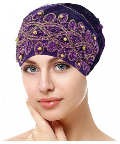 Womens Fashion Cap Lace Sequin Printed Beaded Solid Flat Cap Fade Purple $6.49 Baseball Caps