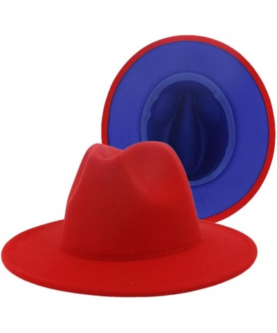 Women Men Patchwork Wool Felt Jazz Fedora Hats Double Sided Color Matching Panama Trilby Cap Red and Blue $9.40 Fedoras