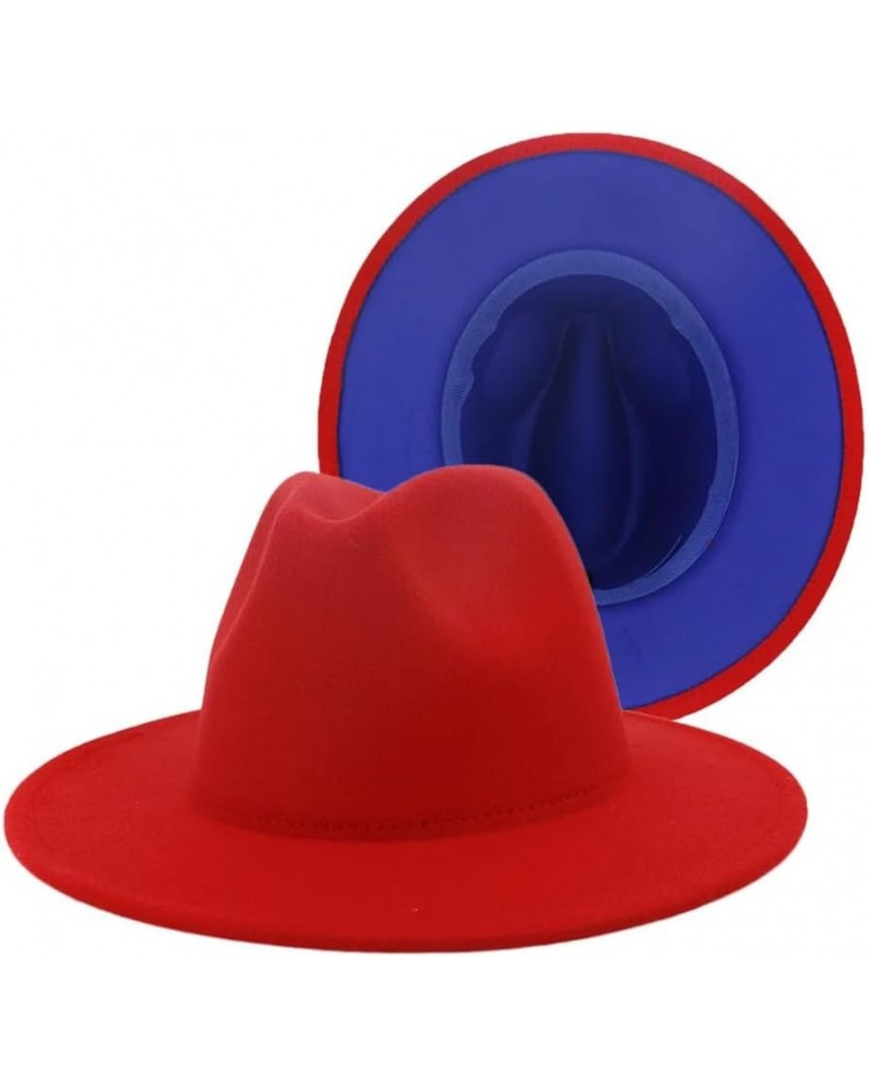 Women Men Patchwork Wool Felt Jazz Fedora Hats Double Sided Color Matching Panama Trilby Cap Red and Blue $9.40 Fedoras