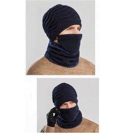 3Pcs Winter Warm Beanie Hat Scarf and Face Cover Set Solid Color Neck Warmer Stretch Warm Fleece Lining Knit Hat for Men Blue...