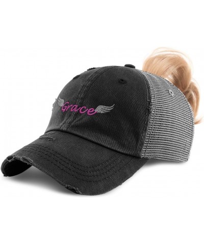 Womens Ponytail Cap Grace Cotton Distressed Trucker Hats Black Grey $16.23 Baseball Caps