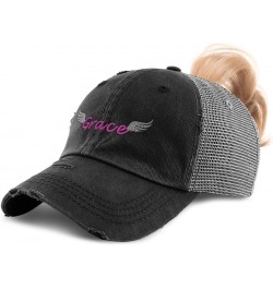 Womens Ponytail Cap Grace Cotton Distressed Trucker Hats Black Grey $16.23 Baseball Caps