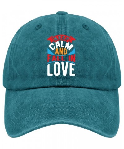 Keep Calm and Fall in Love hat Funny Trucker hat Pigment Black Hats for Women Gifts for Her Sun Caps Cyan Blue $9.50 Sun Hats