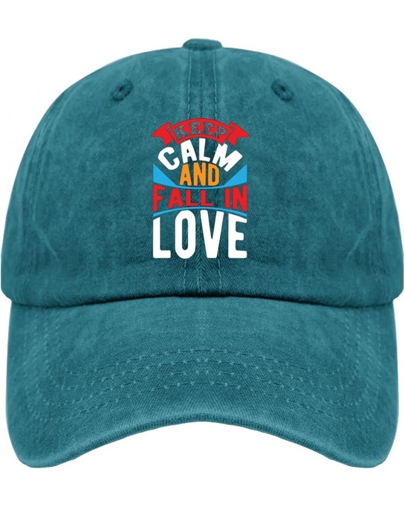 Keep Calm and Fall in Love hat Funny Trucker hat Pigment Black Hats for Women Gifts for Her Sun Caps Cyan Blue $9.50 Sun Hats