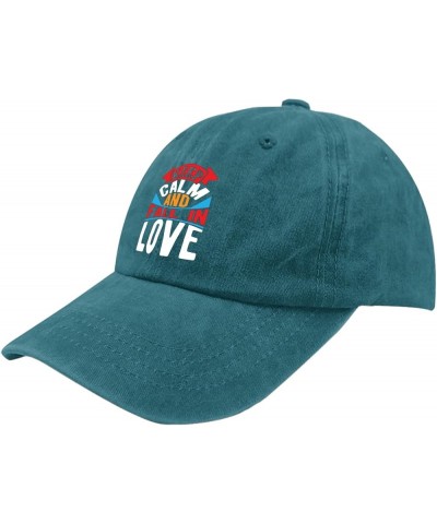 Keep Calm and Fall in Love hat Funny Trucker hat Pigment Black Hats for Women Gifts for Her Sun Caps Cyan Blue $9.50 Sun Hats