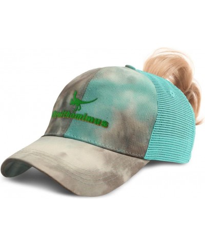 Womens Ponytail Cap Ornithomimus Dinosaurs Jurassic Cotton Prehistoric Distressed Trucker Hat Tie Dye Aqua Design Only $14.70...