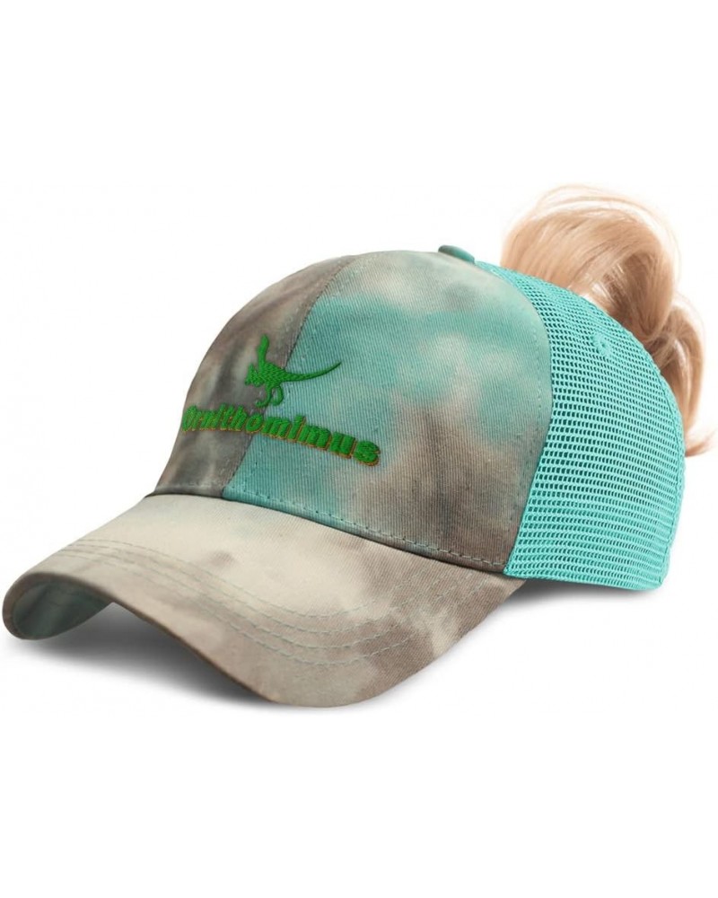 Womens Ponytail Cap Ornithomimus Dinosaurs Jurassic Cotton Prehistoric Distressed Trucker Hat Tie Dye Aqua Design Only $14.70...