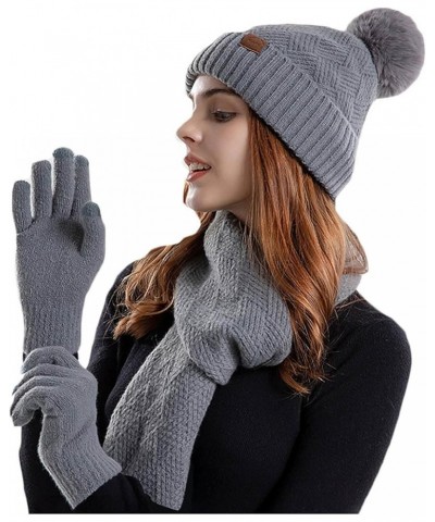 Womens Winter Warm Knit Slouchy Beanie Hat Touchscreen Gloves Scarf Set Skull Caps Faux Fur Pom Gifts for Women A01_gray $14....