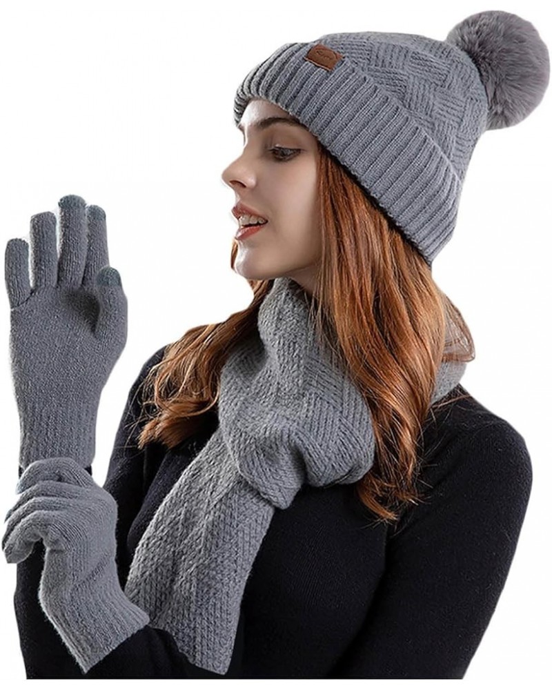 Womens Winter Warm Knit Slouchy Beanie Hat Touchscreen Gloves Scarf Set Skull Caps Faux Fur Pom Gifts for Women A01_gray $14....