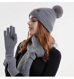 Womens Winter Warm Knit Slouchy Beanie Hat Touchscreen Gloves Scarf Set Skull Caps Faux Fur Pom Gifts for Women A01_gray $14....