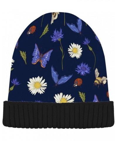 Daisies Bee Butterflies Winter Slouchy Beanie Hats for Men Women Lined Knit Warm Thick Binie Hat with Soft Velvet Cuffed Bean...