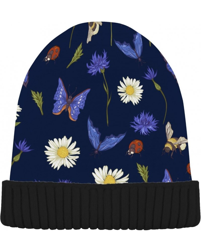 Daisies Bee Butterflies Winter Slouchy Beanie Hats for Men Women Lined Knit Warm Thick Binie Hat with Soft Velvet Cuffed Bean...