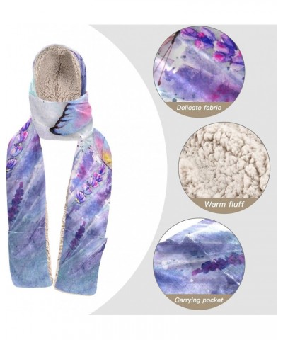 Women Winter Warm Hoodie Hat Scarf Gloves Pocket Warm Hat Lavender Butterfly Watercolor Long Scarf Wraps(237br6a) $17.50 Scarves