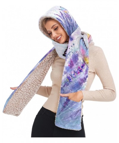 Women Winter Warm Hoodie Hat Scarf Gloves Pocket Warm Hat Lavender Butterfly Watercolor Long Scarf Wraps(237br6a) $17.50 Scarves