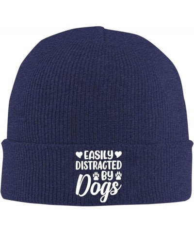 Easily Distracteds by Dogs Outdoor Unisex Beanie Winter Warm Thick Knitted Hat Soft Elastic Skull Hat Navy Blue $17.17 Skulli...