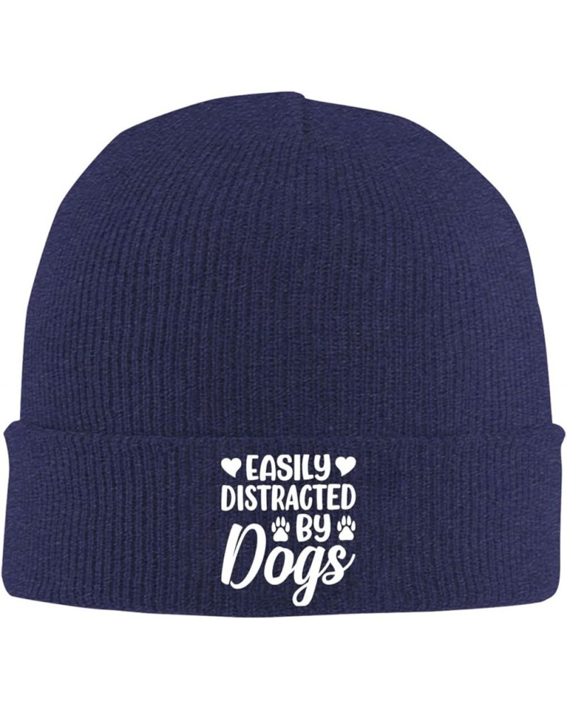 Easily Distracteds by Dogs Outdoor Unisex Beanie Winter Warm Thick Knitted Hat Soft Elastic Skull Hat Navy Blue $17.17 Skulli...