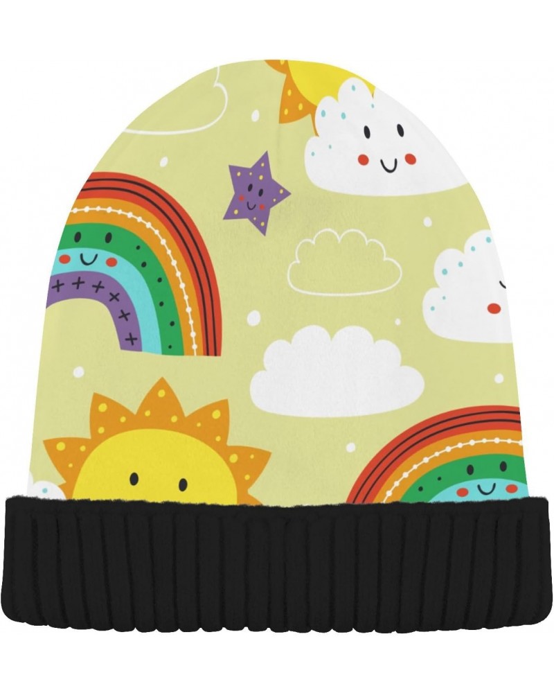 Cute Sun Rainbow Cloud Beanie for Women Men Soft Cap Reversible Warm Beanies Crochet Hats for Y2k Winter Fall $13.33 Skullies...