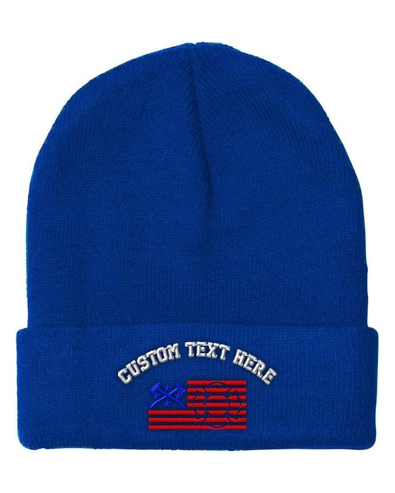 Custom Beanies for Men Firefighter American Flag Embroidery Winter Hats for Women Acrylic Skull Cap 1 Size Royal Blue Persona...