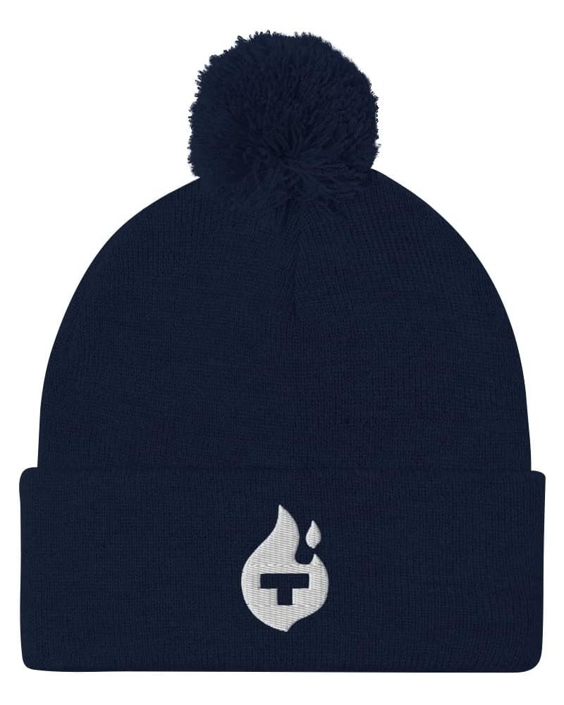 Theta Fuel Cryptocurrency Logo Hat (Embroidered Pom-Pom Beanie) Navy $18.32 Skullies & Beanies